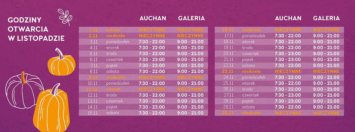 Godziny otwarcia w Listopadzie