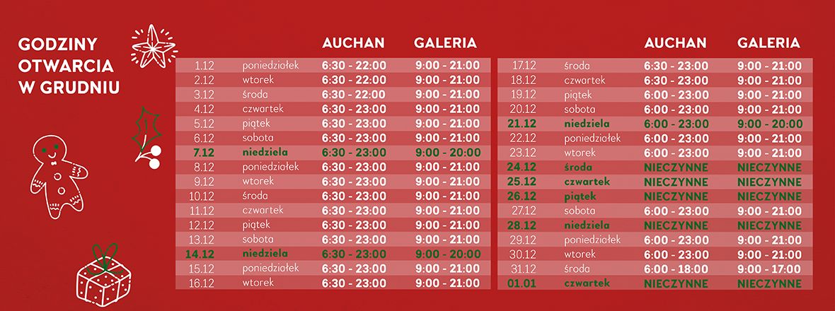 Godziny otwarcia w grudniu