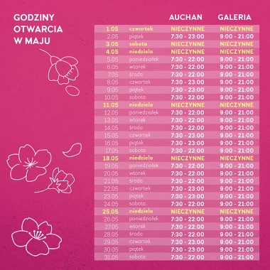 Godziny otwarcia w maju